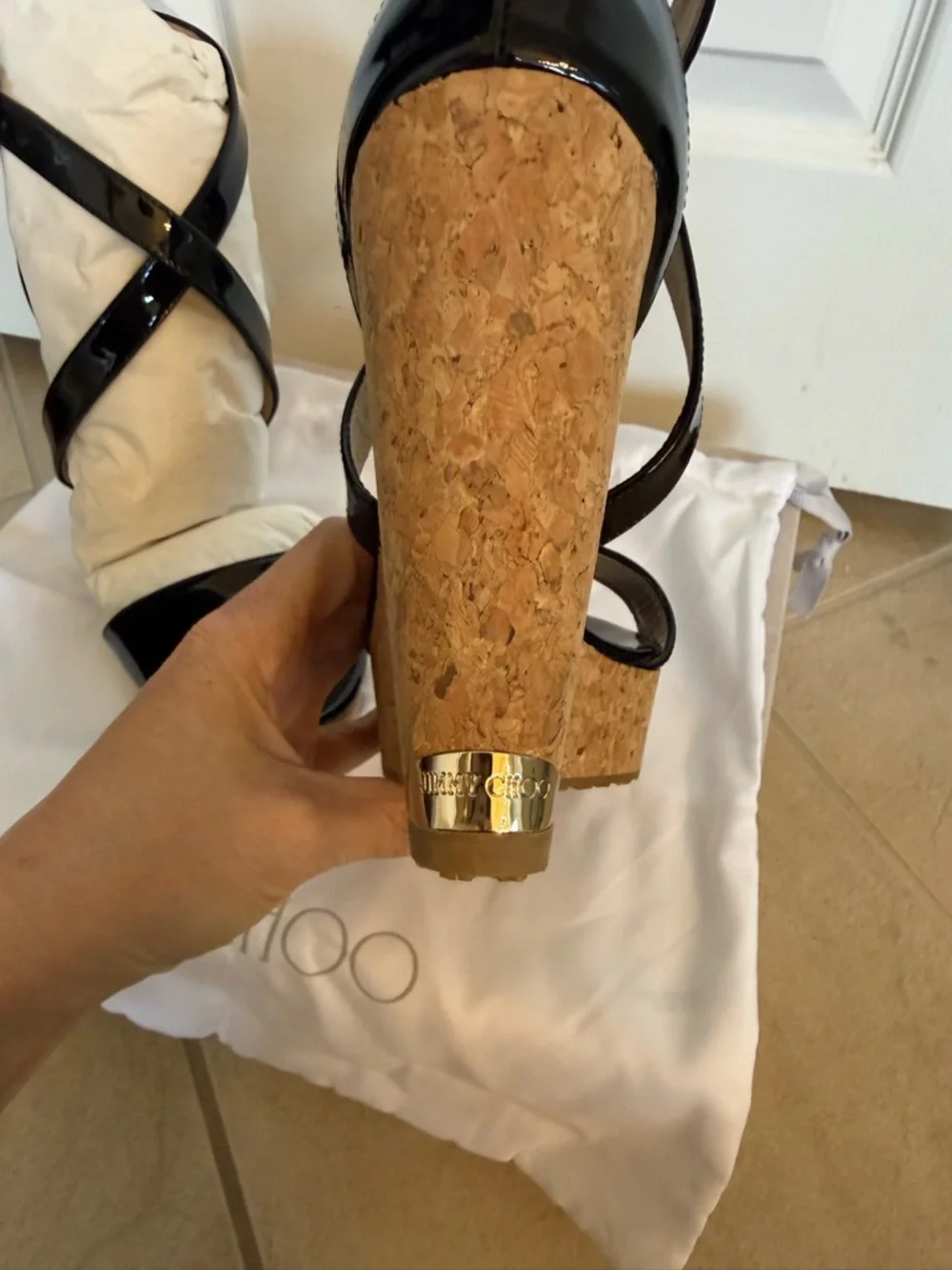 Jimmy Choo Portia Black Patent Leather Cork Wedge Sandals Size 38 NIB